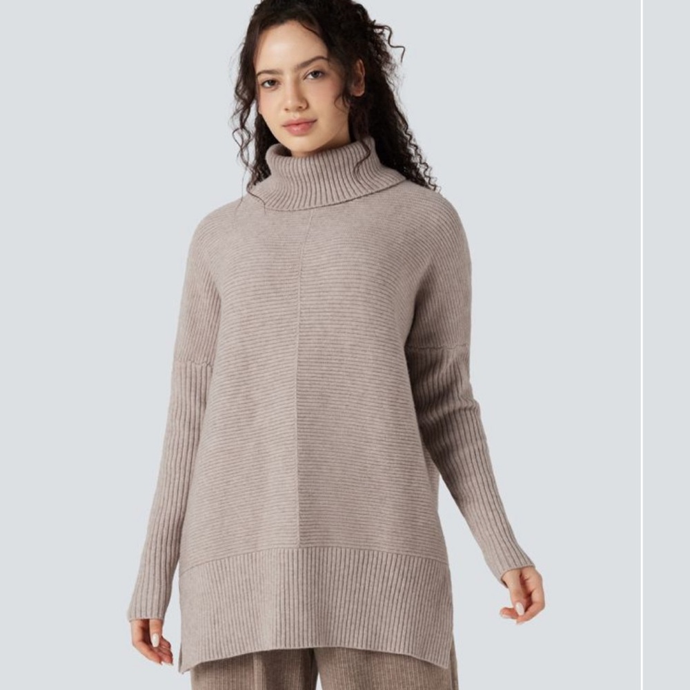 HALARA Women's Beige Cowl Neck Sweater